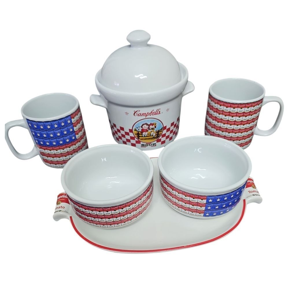 Vintage Campbell's Soup Patriotic Dinnerware Set 7‎ Pc American Flag Mugs Bowls
